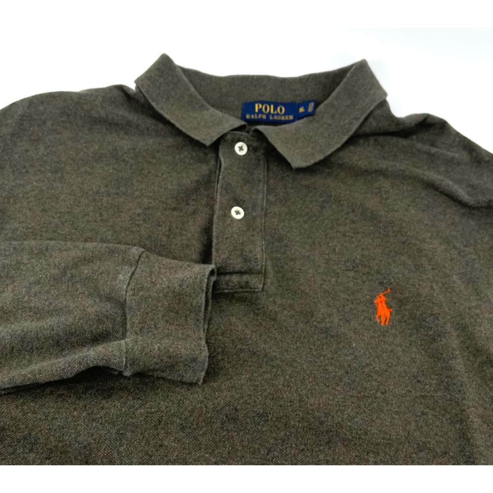 Polo Ralph Lauren Mens XL Brown Long Sleeve Cotton Polo Shirt Orange Pony Logo